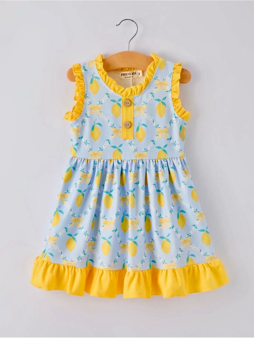 Sleeveless Lemon Print Ruffle Dress for Kids - Yellow & Light Blue